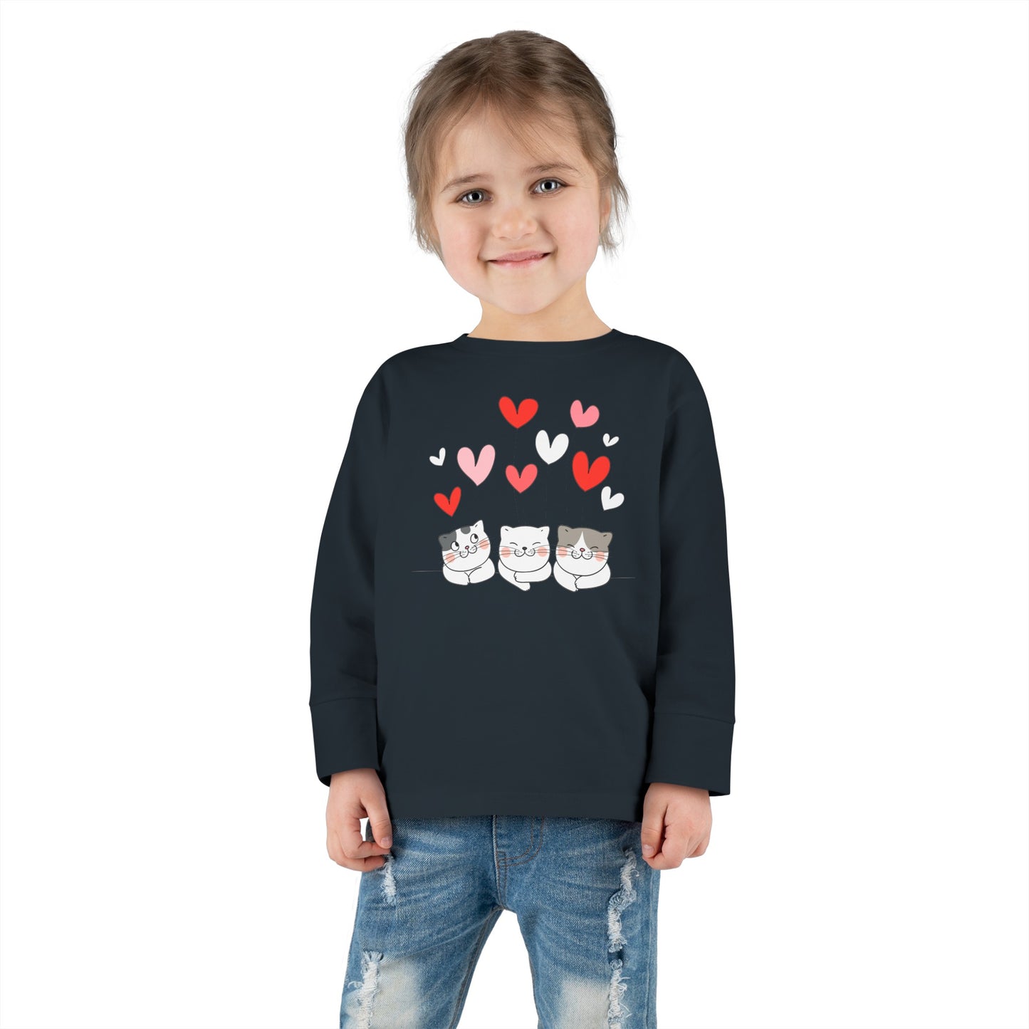 Three Cute Cats - Hearts - Toddler Long Sleeve Tee
