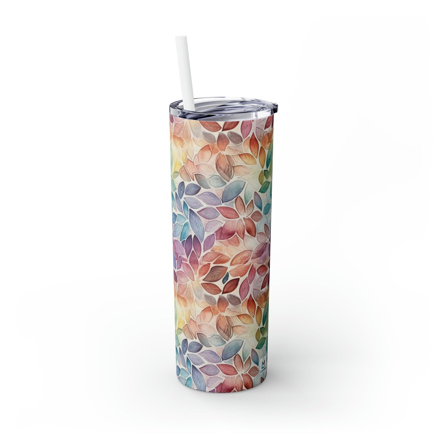 Multicolor Rainbow Watercolor Leaves - Skinny Tumbler with Straw, 20oz - Stainless Steel