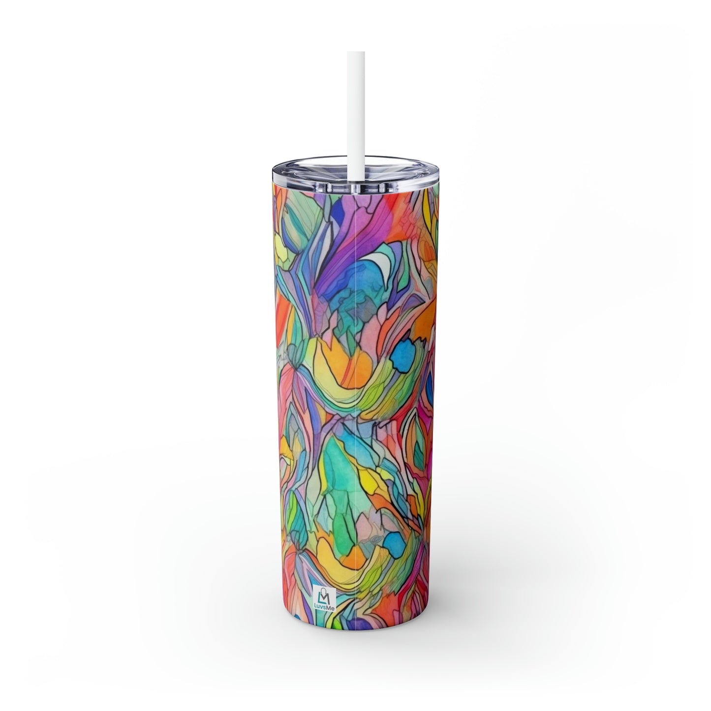 Multicolor Rainbow Watercolor Abstract - Skinny Tumbler with Straw, 20oz - Stainless Steel