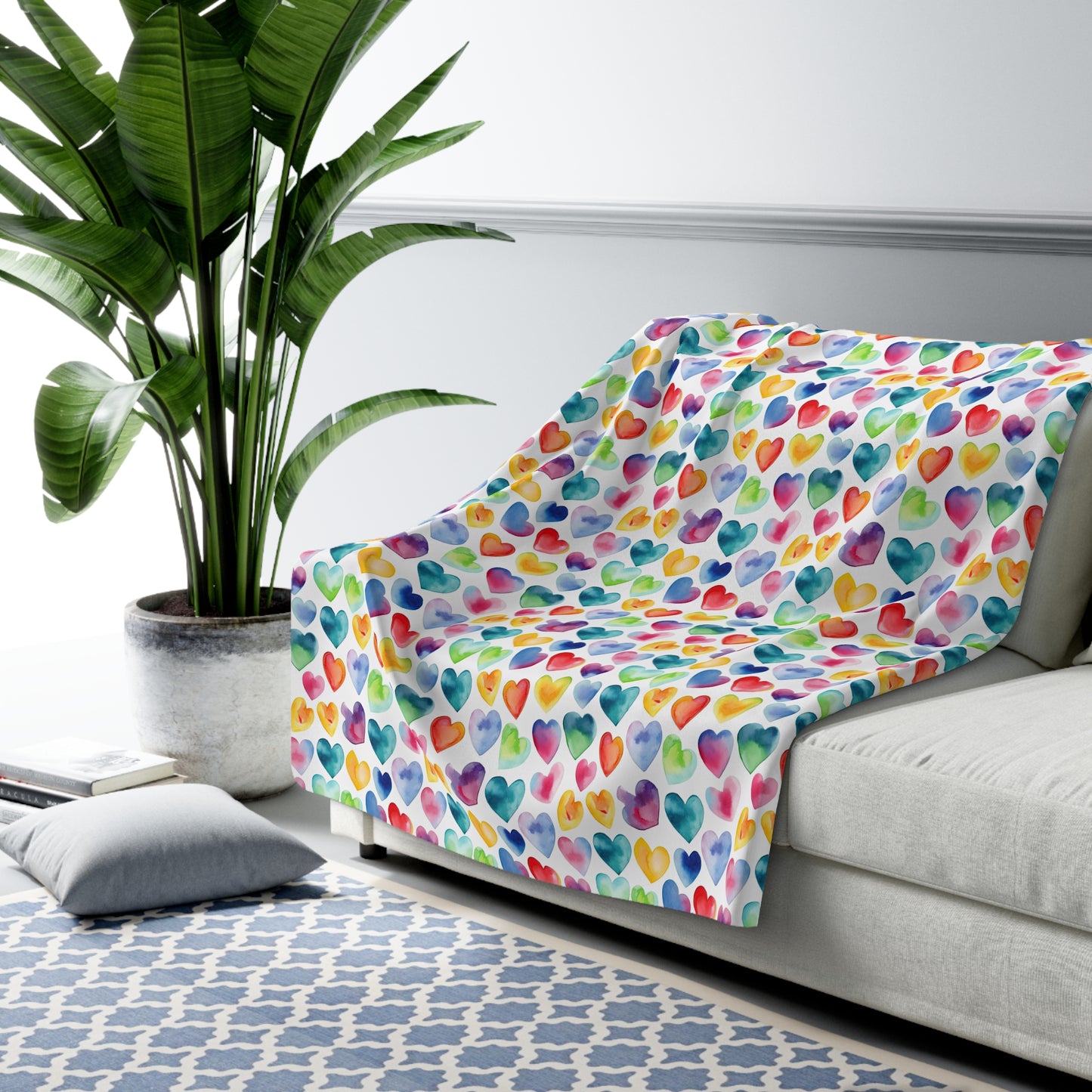 Watercolor Hearts - Rainbow - Multi - Beautiful, Shabby Chic, Boho, Fun - Sherpa Fleece Blanket