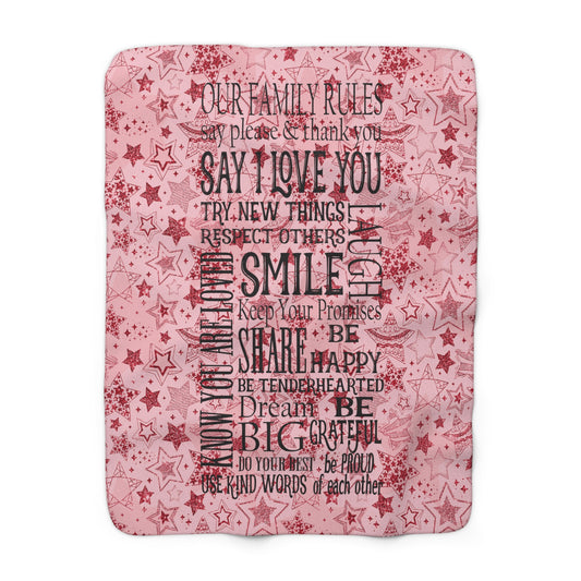 Beautiful, Cozy, Soft - Amazing Family Rules - Vintage Sign - Red Stars - Sherpa Fleece Blanket
