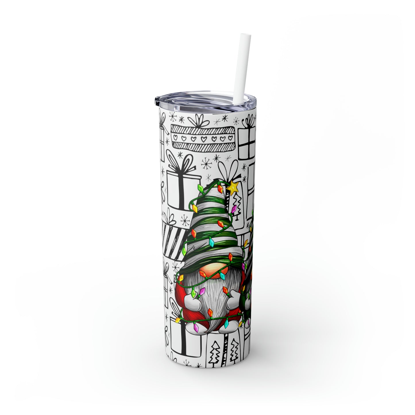Merry Christmas Gnomes with Lights - Hand Drawn Presents - Skinny Tumbler with Straw, 20oz - Stainless Steel