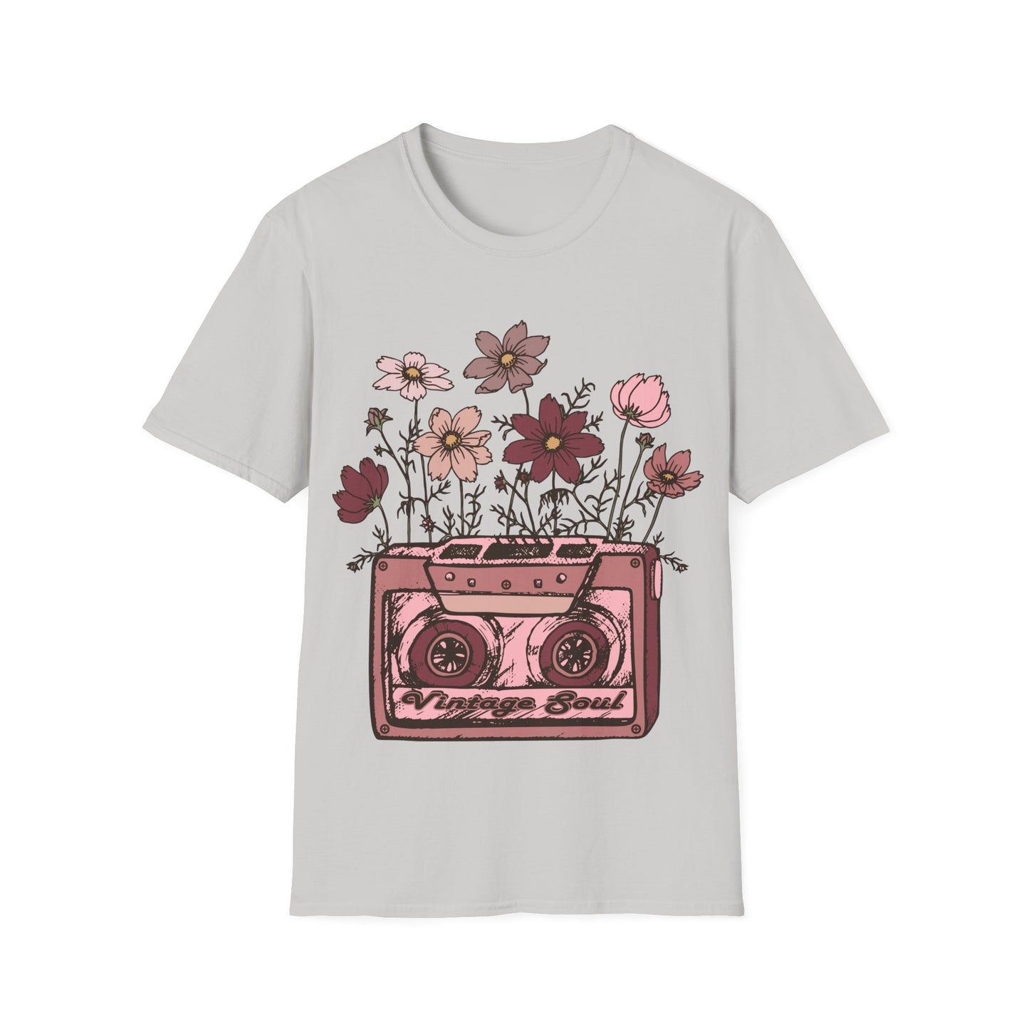 Vintage Cassette Tape with Flowers - Pink - Unisex Softstyle T-Shirt