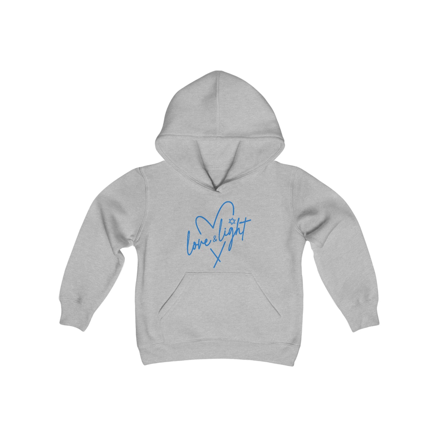 Hanukkah Saying - Love and Light - Star of David - Heart - Fun Hanukkah Tshirt - Celebrate Hanukkah - Youth Heavy Blend Hooded Sweatshirt