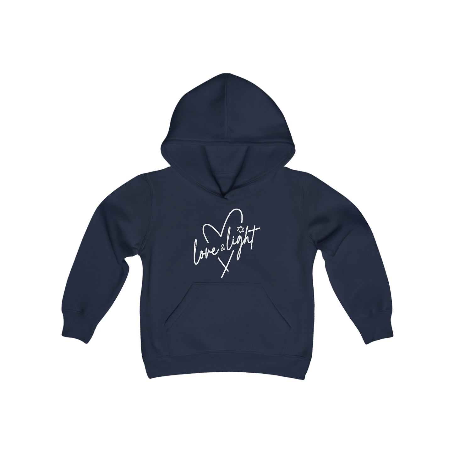 Hanukkah Saying - Love and Light - Star of David - Heart - Fun Hanukkah Tshirt - Celebrate Hanukkah - Youth Heavy Blend Hooded Sweatshirt