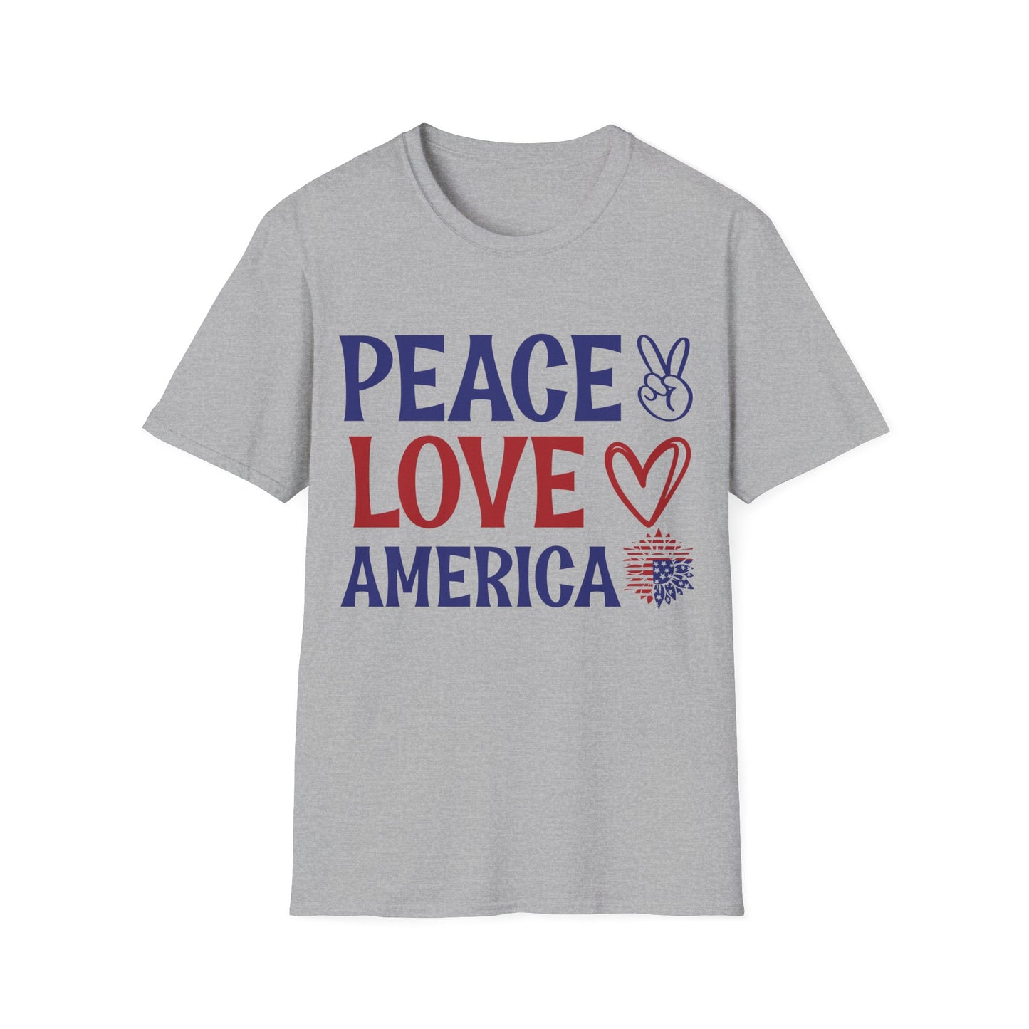 Peace - Love - America - American Flag - Peace Sign - Heart - Sunflower - 4th of July - Independence Day - Unisex Softstyle T-Shirt