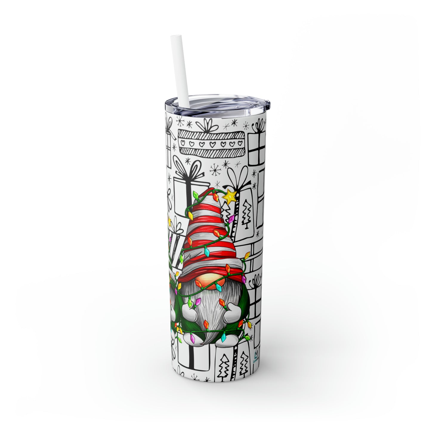 Merry Christmas Gnomes with Lights - Hand Drawn Presents - Skinny Tumbler with Straw, 20oz - Stainless Steel