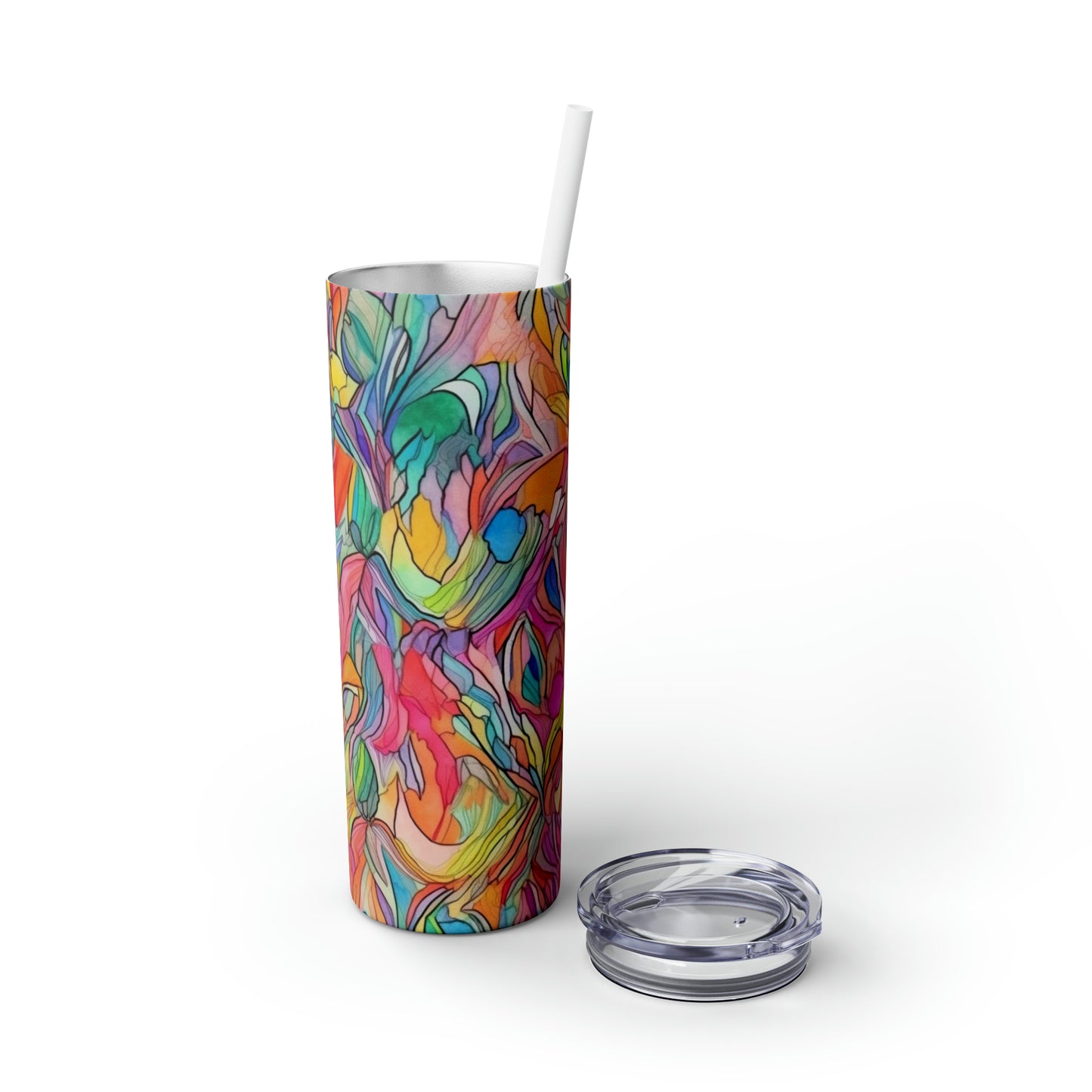 Multicolor Rainbow Watercolor Abstract - Skinny Tumbler with Straw, 20oz - Stainless Steel