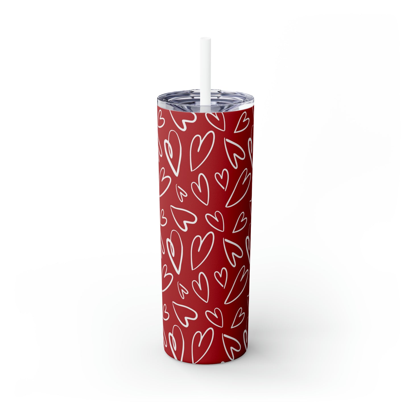 Red with White Hearts - Hand Drawn - Skinny Tumbler with Straw, 20oz - Stainless Steel