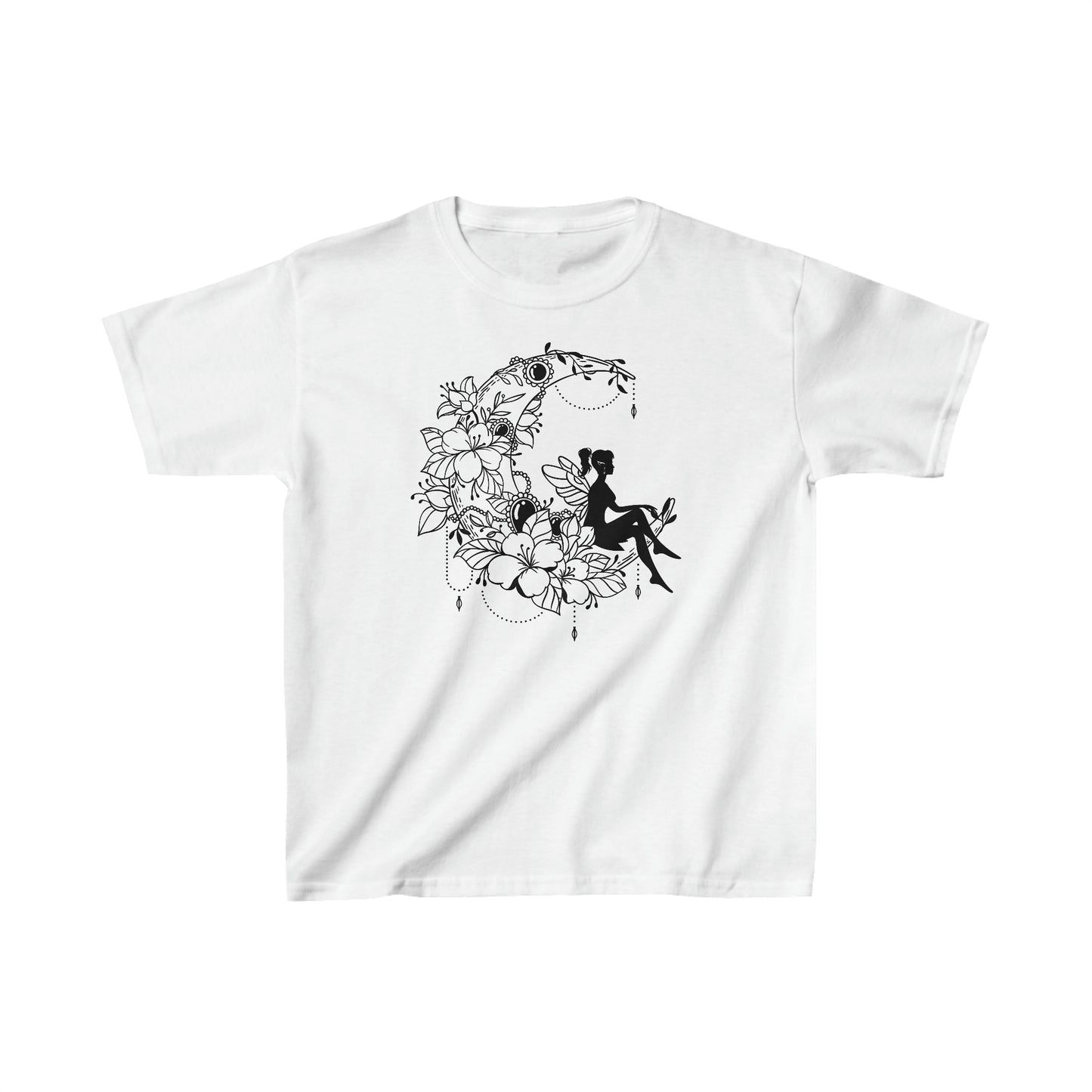 Fairy Sitting on Moon with Flowers - Kids Heavy Cotton Tee