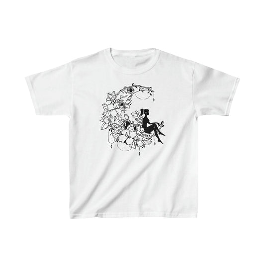 Fairy Sitting on Moon with Flowers - Kids Heavy Cotton Tee