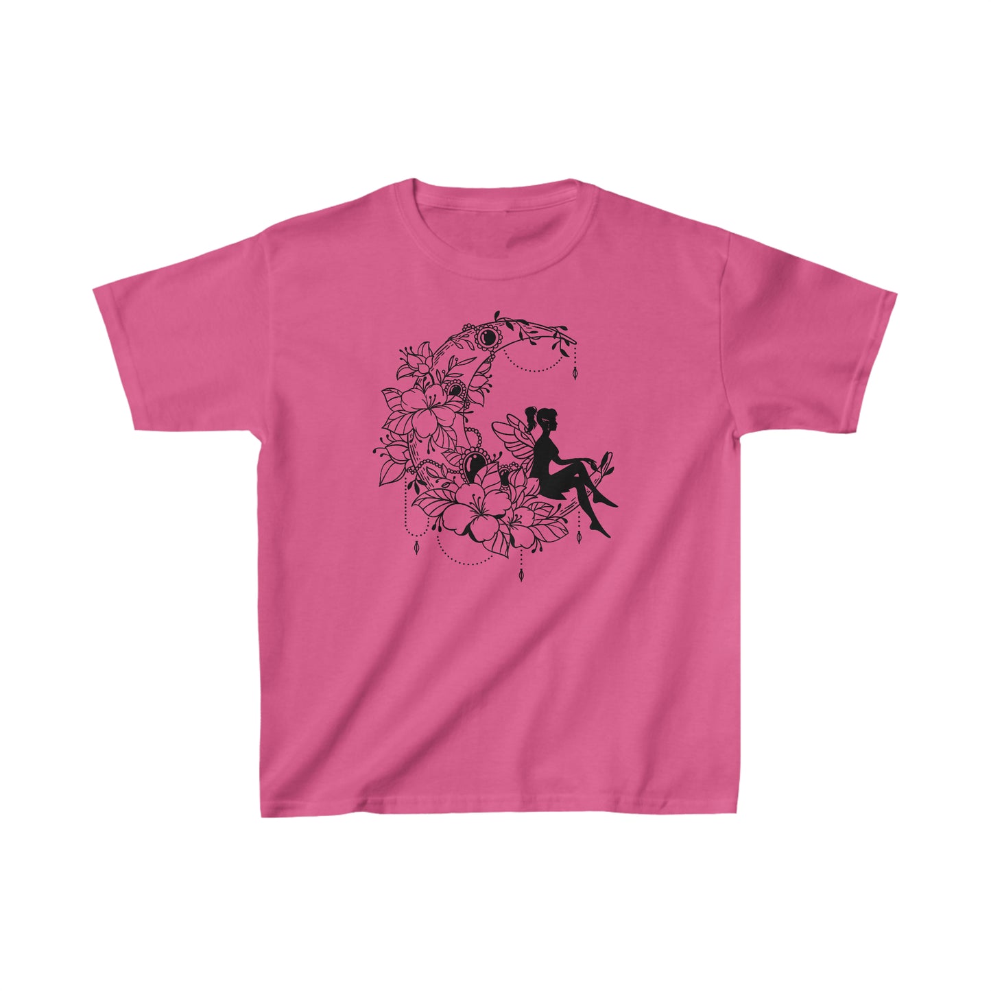 Fairy Sitting on Moon with Flowers - Kids Heavy Cotton Tee