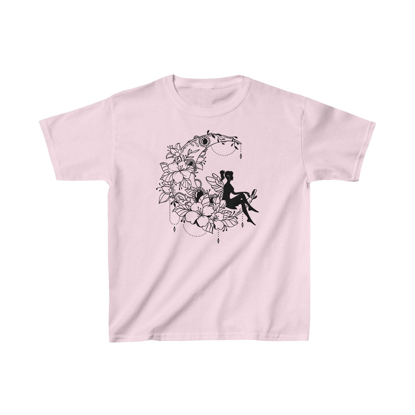 Fairy Sitting on Moon with Flowers - Kids Heavy Cotton Tee