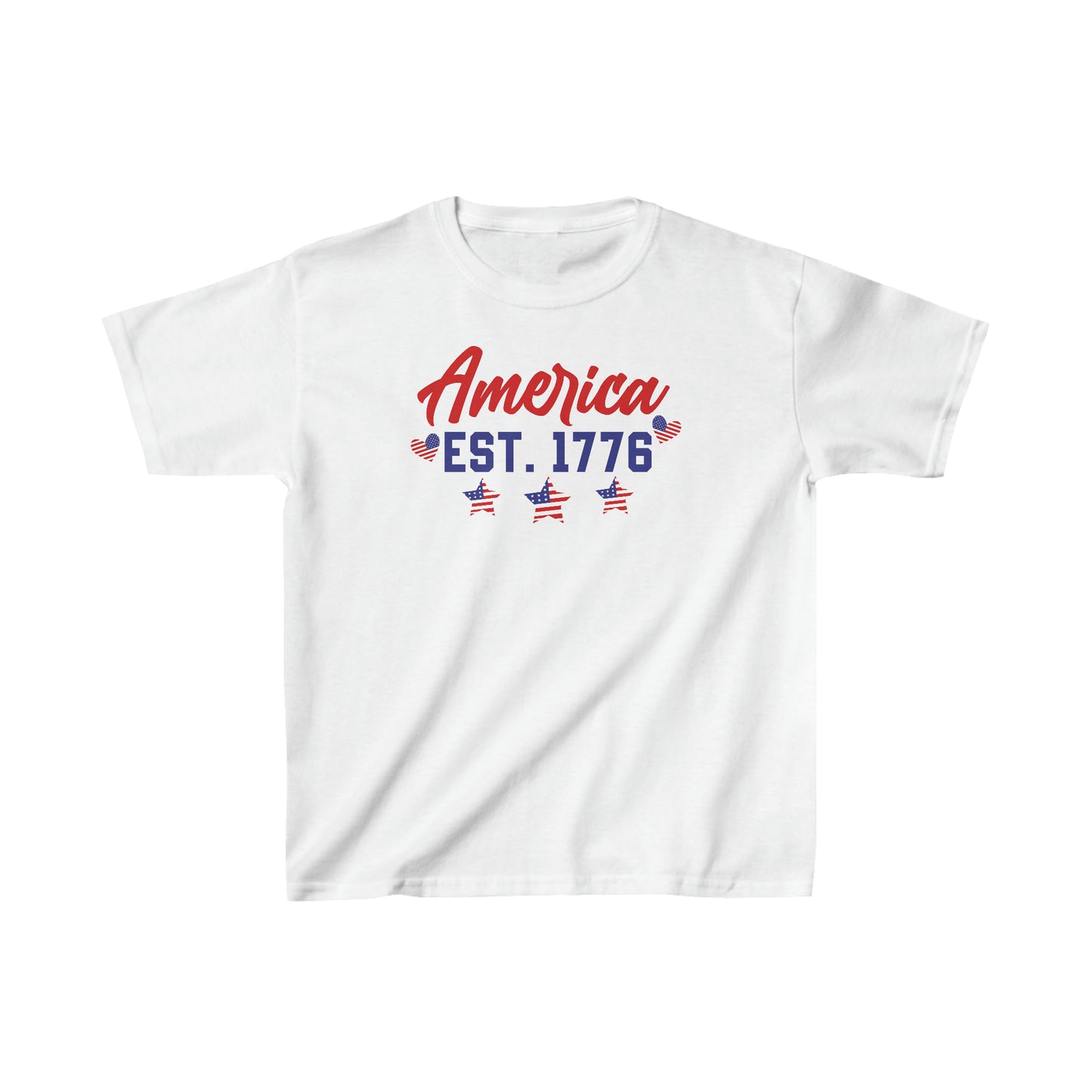 America - Est 1776 - Star - Heart - American Flag - 4th of July - Independence Day - Kids Heavy Cotton Tee