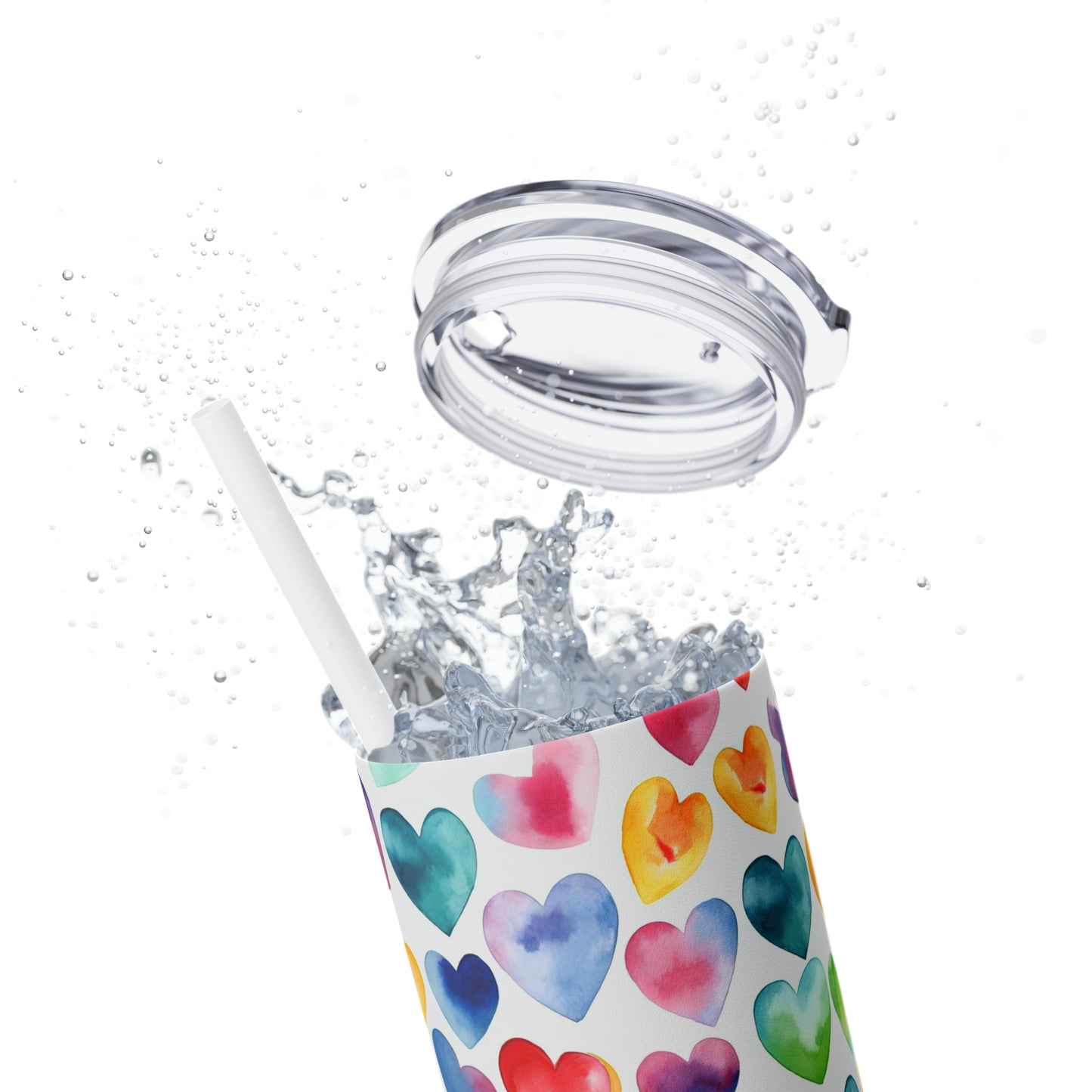Watercolor Hearts - Rainbow - Multi - Skinny Tumbler with Straw, 20oz - Stainless Steel