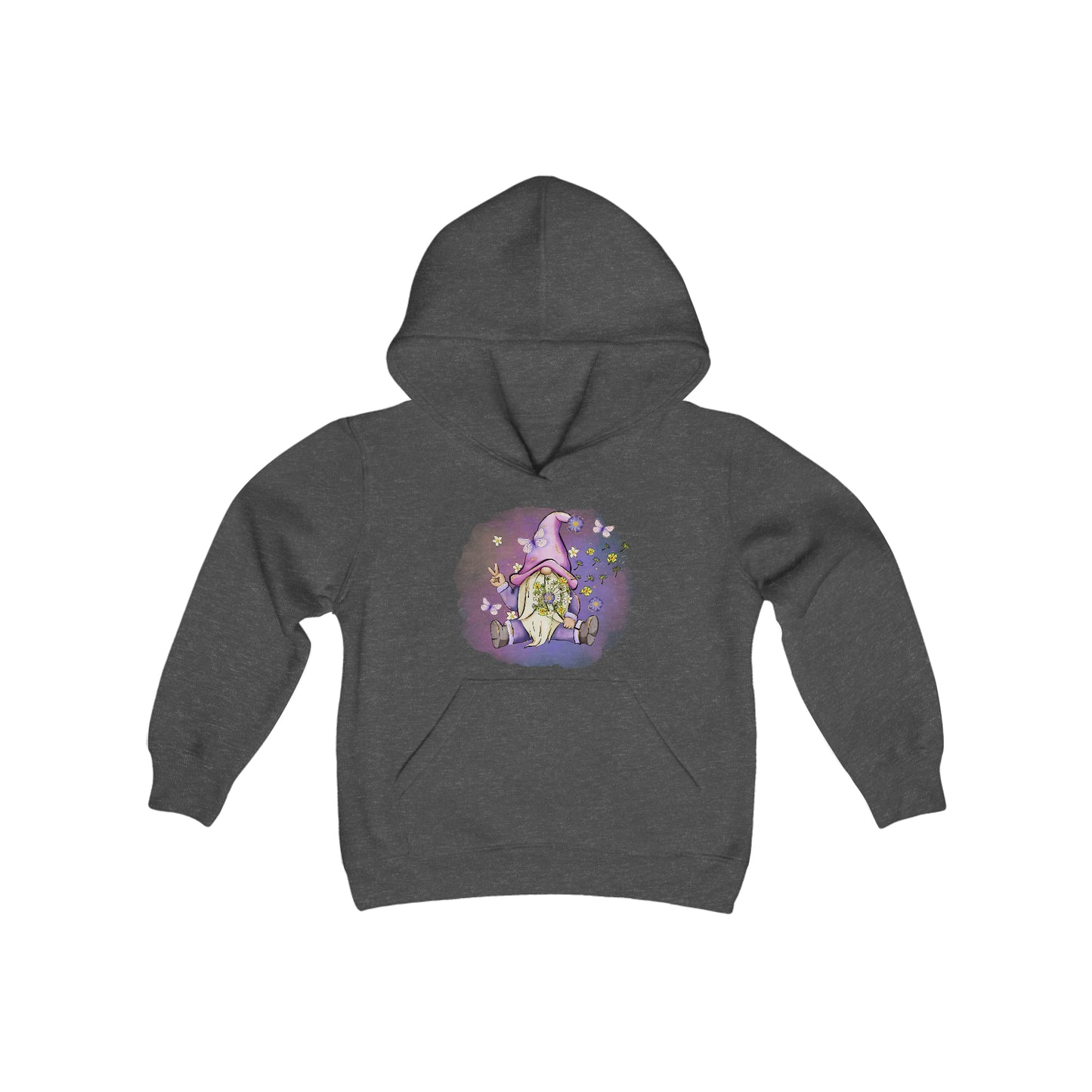 Peace Gnome - Flowers - Butterflies - Youth Heavy Blend Hooded Sweatshirt