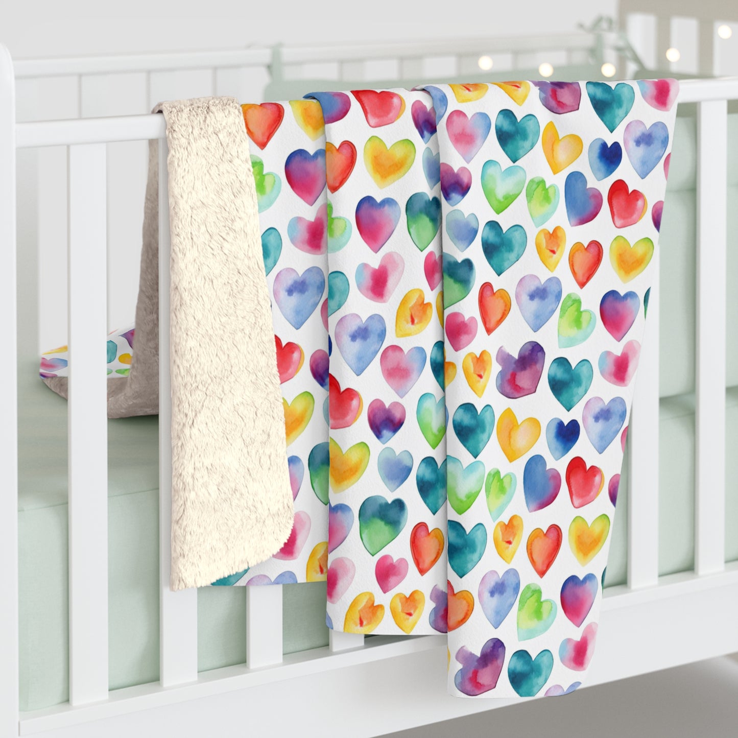 Watercolor Hearts - Rainbow - Multi - Beautiful, Shabby Chic, Boho, Fun - Sherpa Fleece Blanket