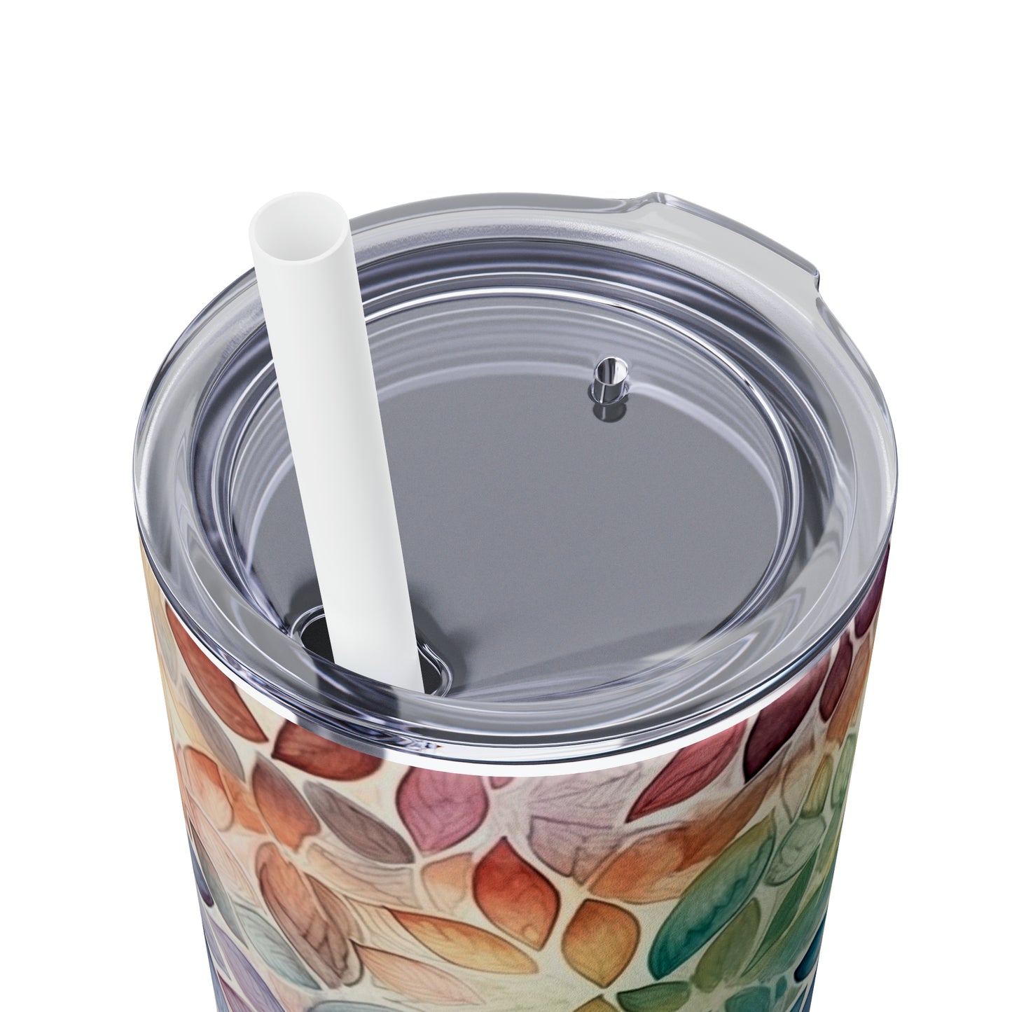 Multicolor Rainbow Watercolor Leaves - Skinny Tumbler with Straw, 20oz - Stainless Steel