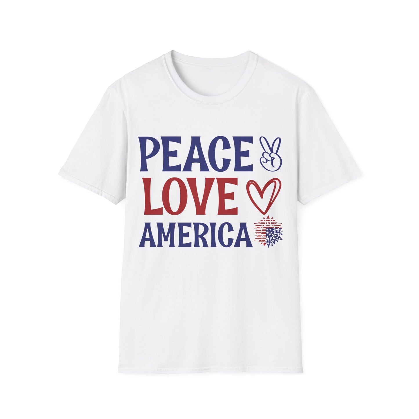 Peace - Love - America - American Flag - Peace Sign - Heart - Sunflower - 4th of July - Independence Day - Unisex Softstyle T-Shirt
