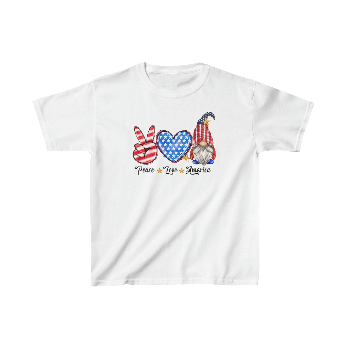 Peace, Love, America Gnomes - 4th of July - Red, White, and Blue - Independence Day - Kids Heavy Cotton Tee
