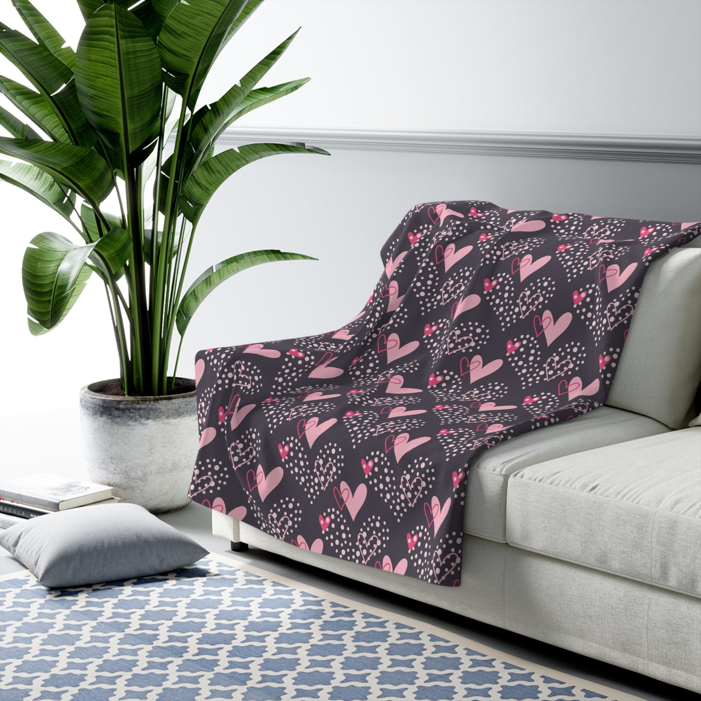 Black with Pink Hearts 6 - Beautiful, Shabby Chic, Boho, Fun - Sherpa Fleece Blanket