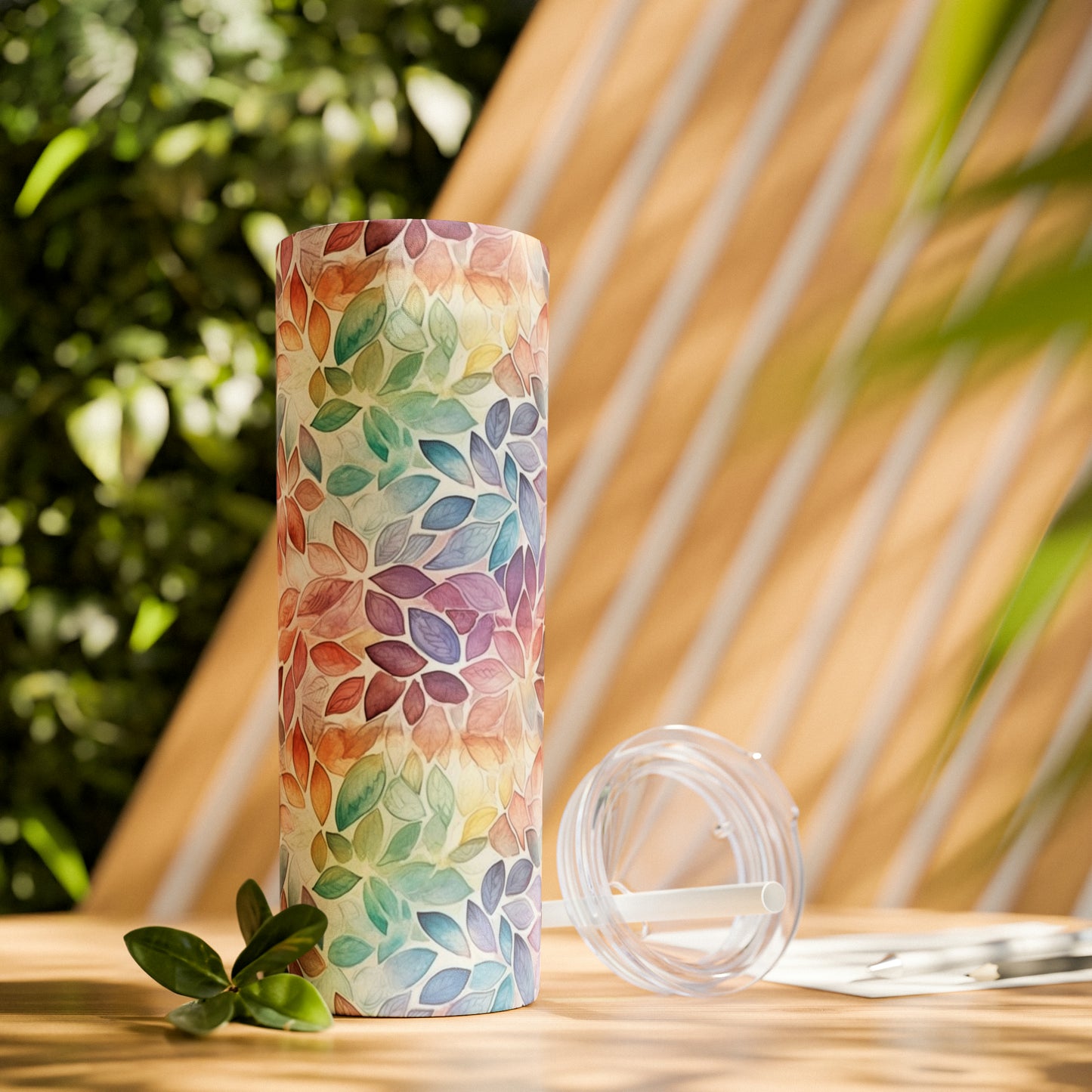 Multicolor Rainbow Watercolor Leaves - Skinny Tumbler with Straw, 20oz - Stainless Steel