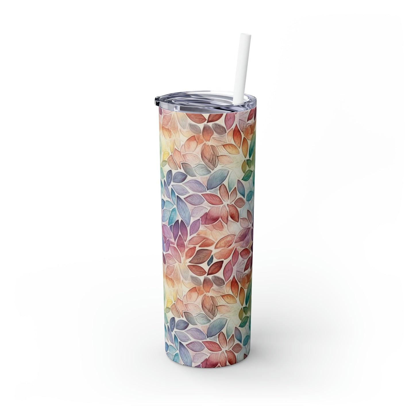 Multicolor Rainbow Watercolor Leaves - Skinny Tumbler with Straw, 20oz - Stainless Steel