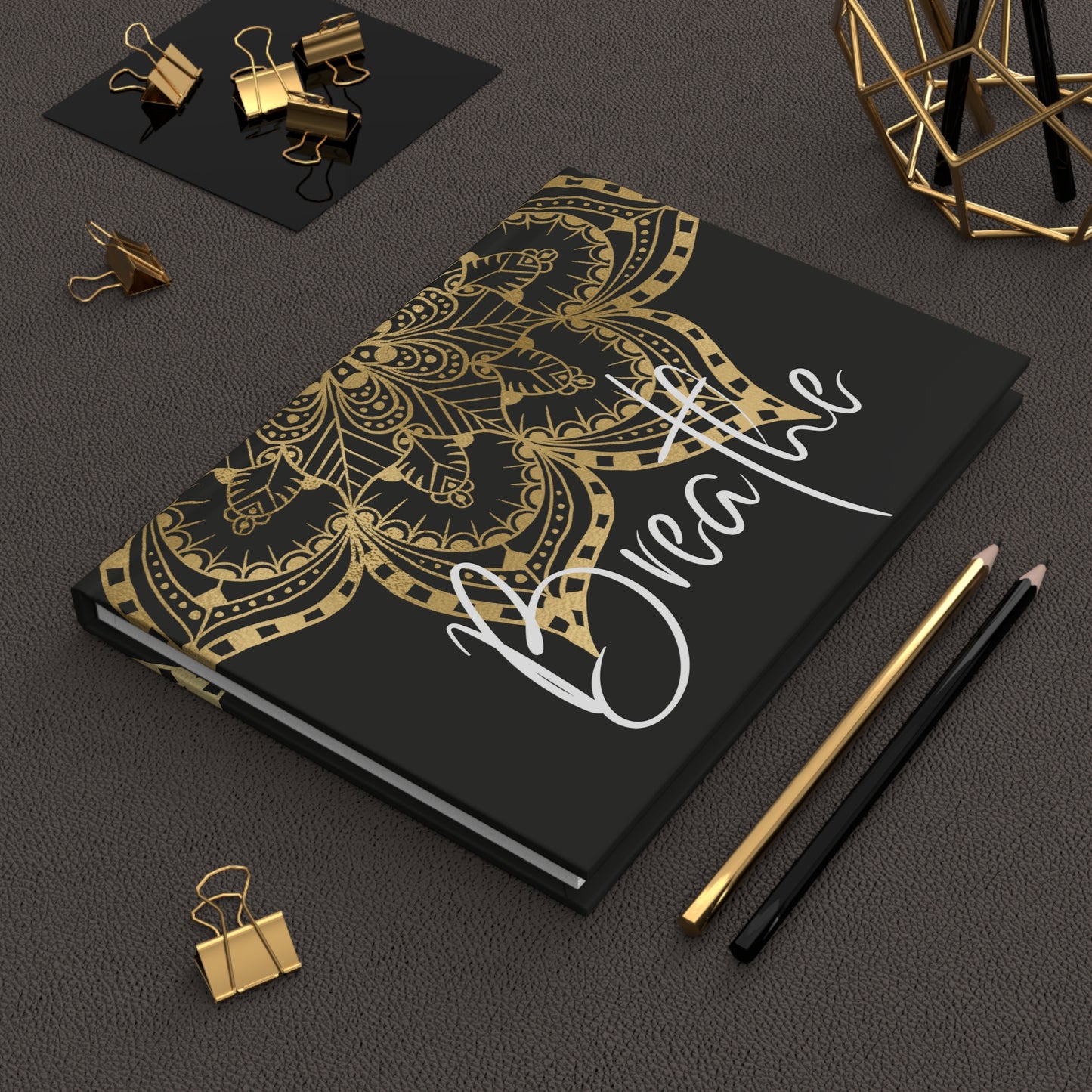 Gold Mandala - Breathe - Black - Hardcover Lined Journal Matte