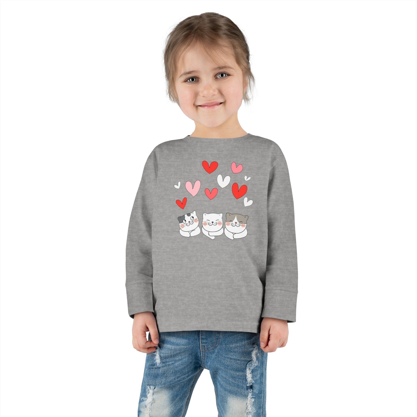 Three Cute Cats - Hearts - Toddler Long Sleeve Tee