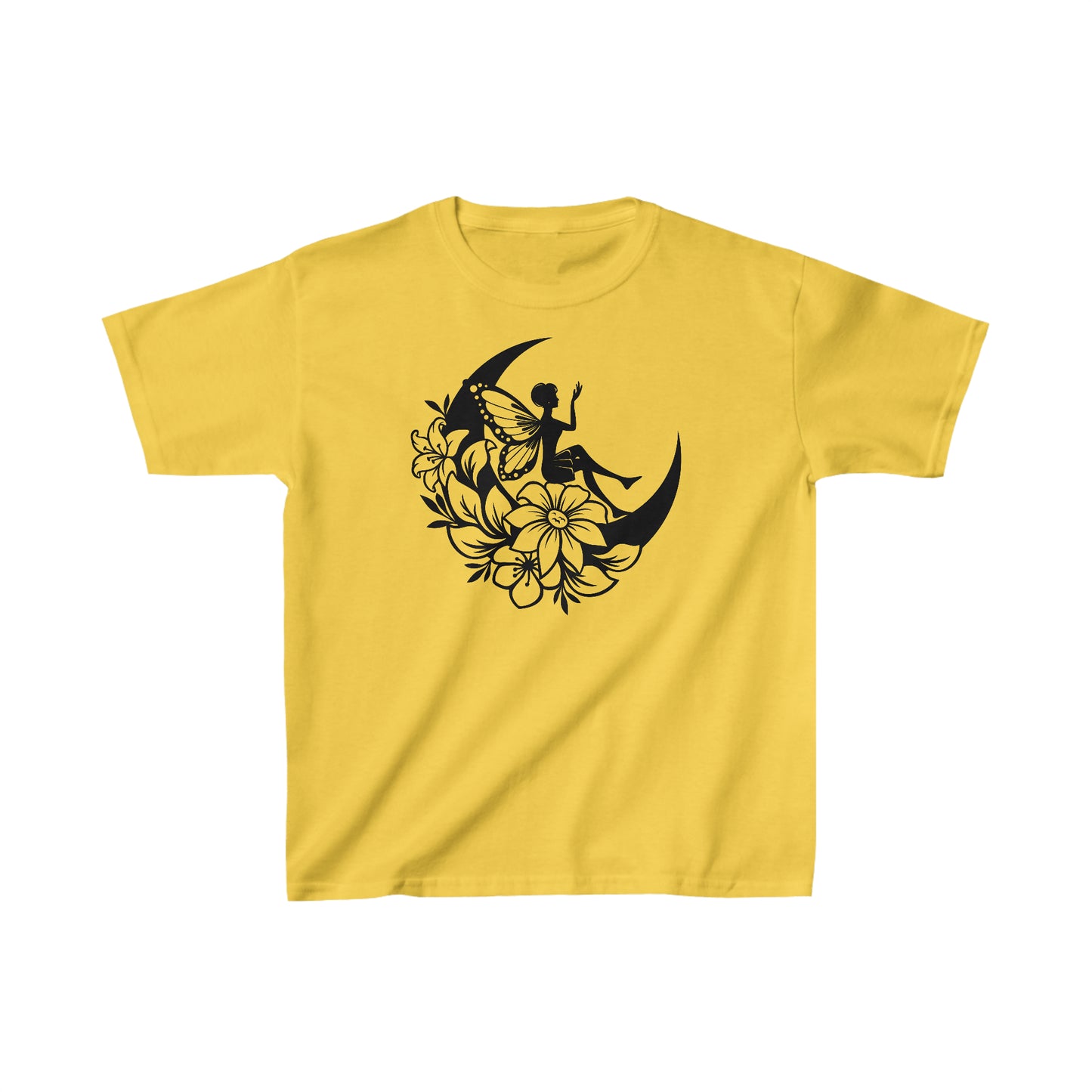 Fairy Sitting on Moon with Flowers - Kids Heavy Cotton Tee