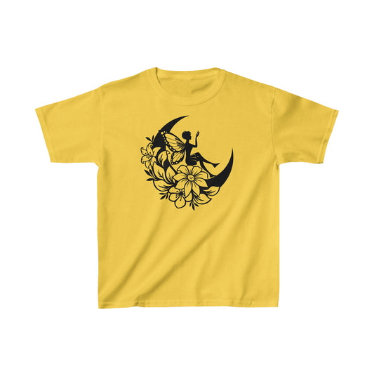 Fairy Sitting on Moon with Flowers - Kids Heavy Cotton Tee