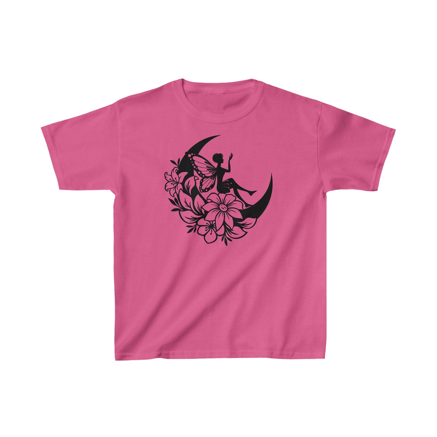 Fairy Sitting on Moon with Flowers - Kids Heavy Cotton Tee