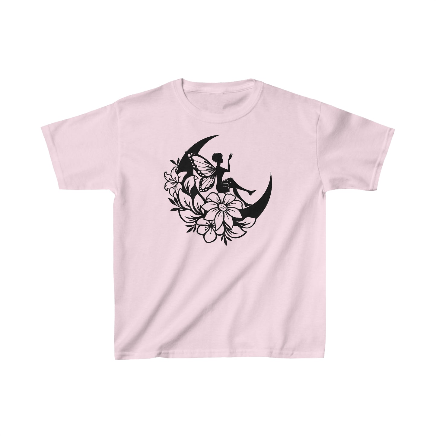 Fairy Sitting on Moon with Flowers - Kids Heavy Cotton Tee
