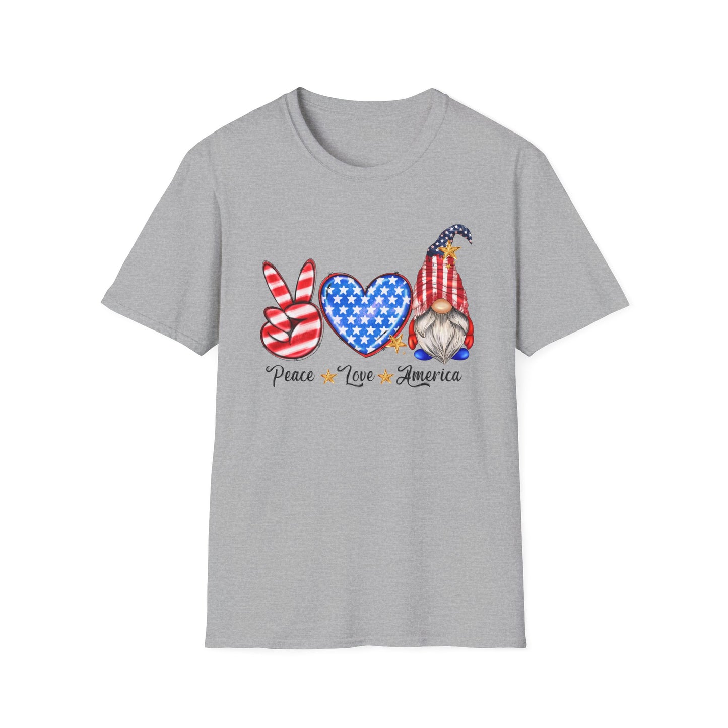 Peace - Love - America - American Flag - Peace Sign - Heart - Gnome - 4th of July - Independence Day - Unisex Softstyle T-Shirt