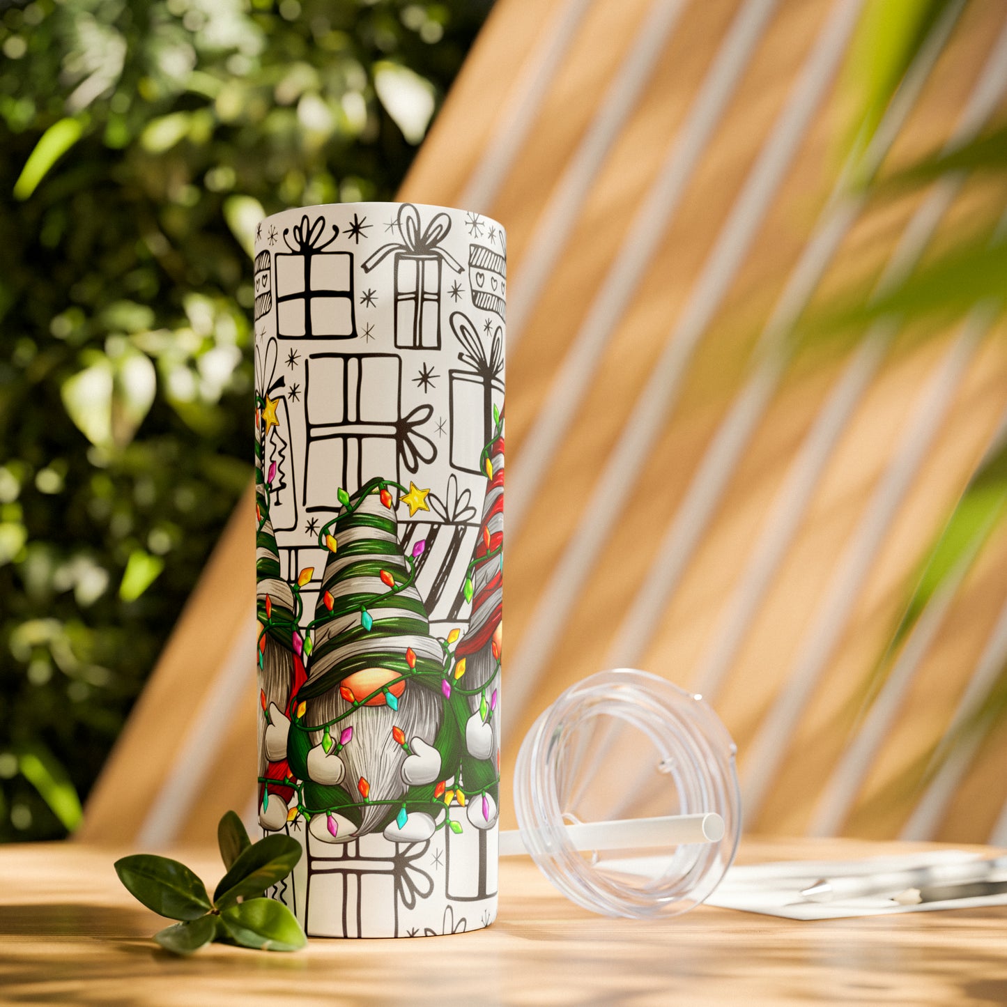 Merry Christmas Gnomes with Lights - Hand Drawn Presents - Skinny Tumbler with Straw, 20oz - Stainless Steel