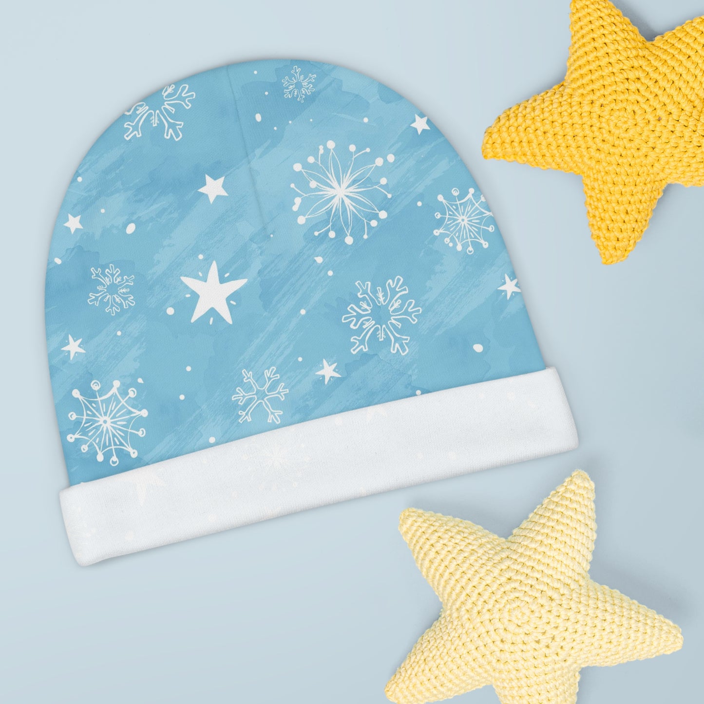 Blue with White Snowflakes and Stars - Super Cute - Baby Beanie