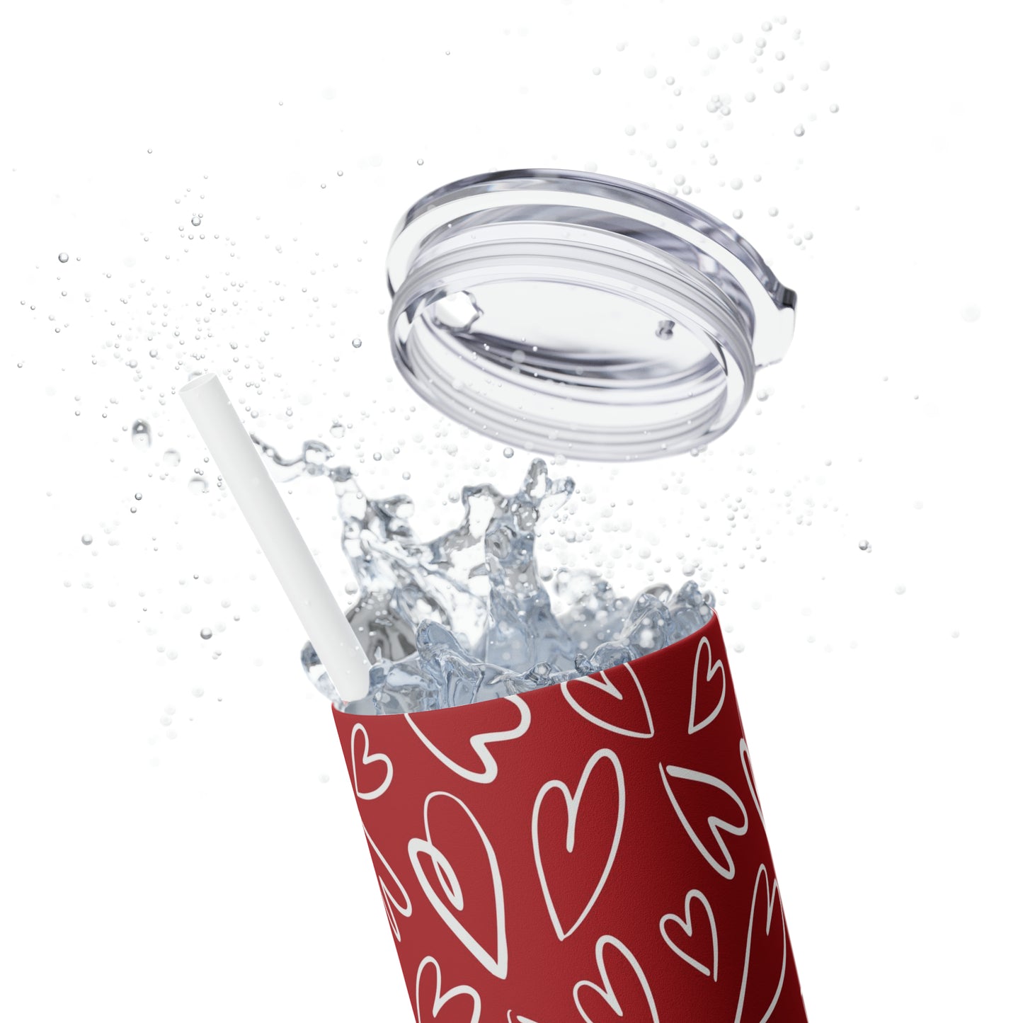 Red with White Hearts - Hand Drawn - Skinny Tumbler with Straw, 20oz - Stainless Steel