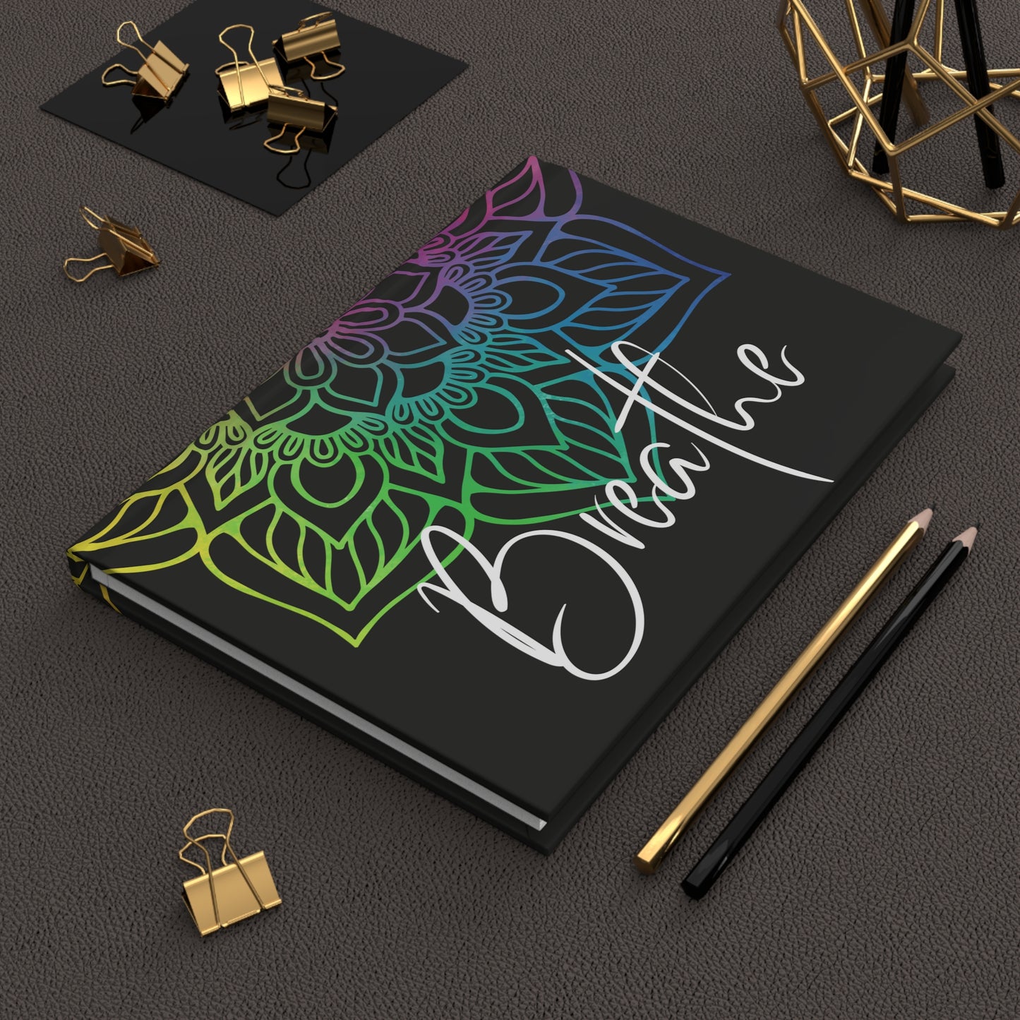 Rainbow Mandala - Breathe - Black - Hardcover Lined Journal Matte