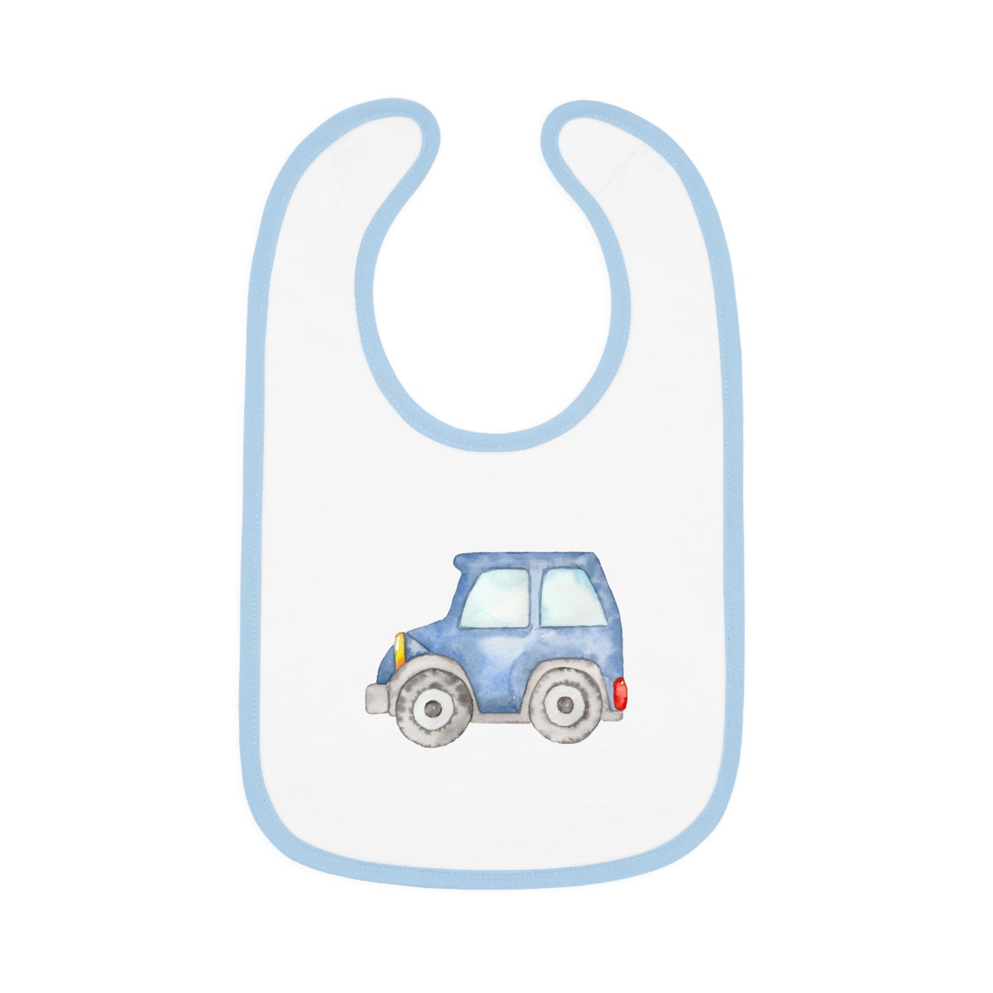 Watercolor Blue Car - Baby Contrast Trim Jersey Bib