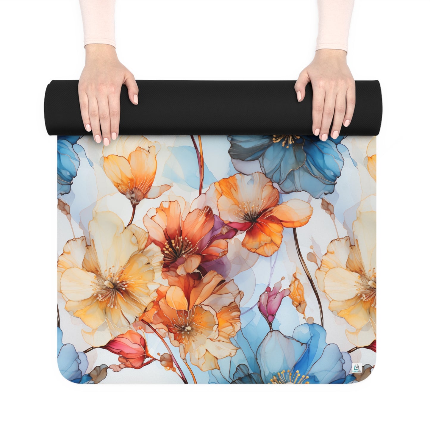 Beautiful Blue and Orange Flowers Watercolor 16 - Rubber Yoga Mat
