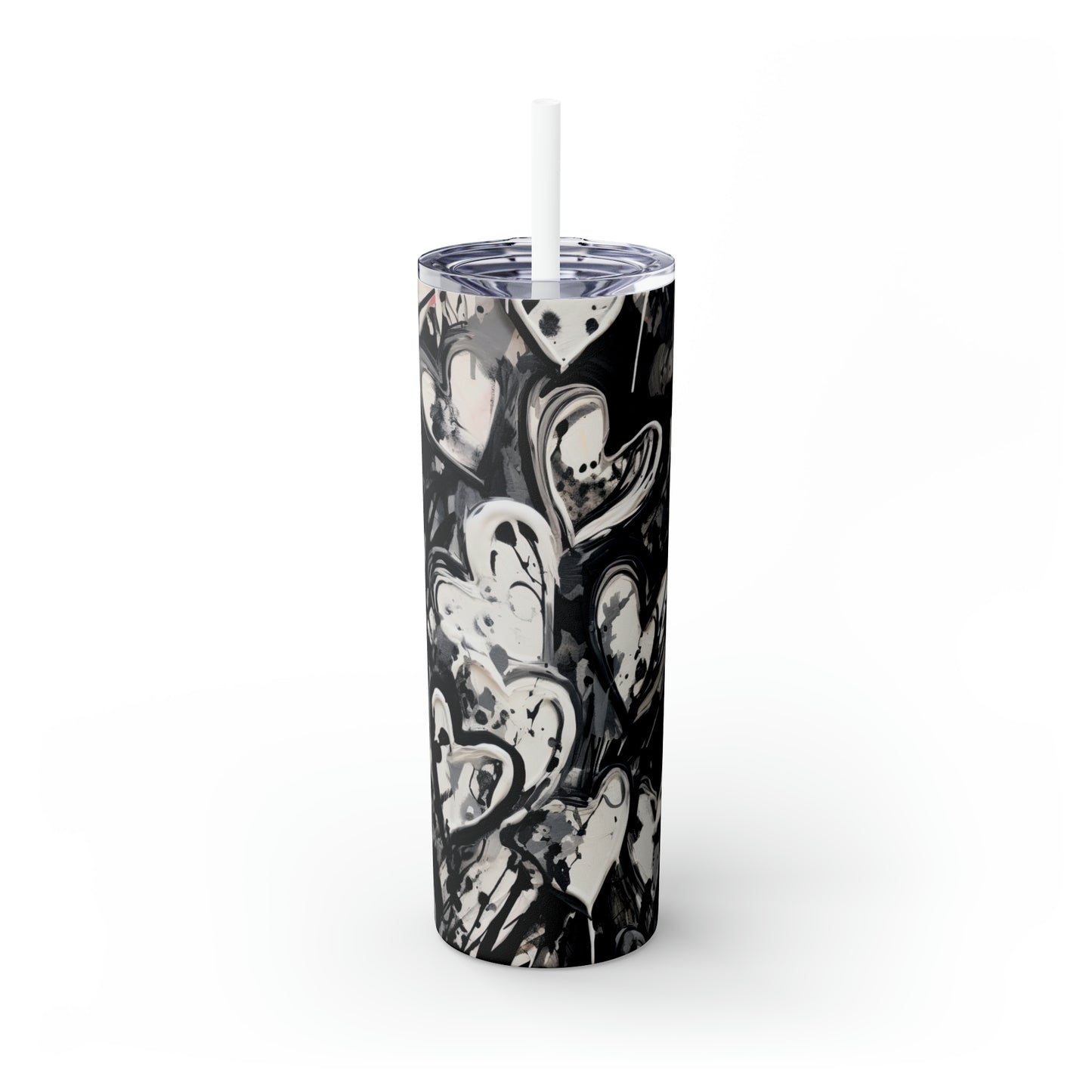 Black and White Painted Hearts - Skinny Tumbler with Straw, 20oz - Stainless Steel