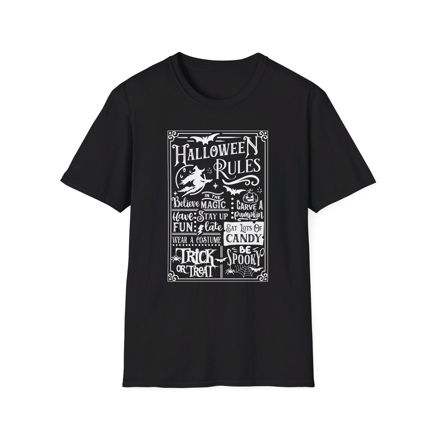Halloween Rules - Vintage - Magic - Witch - Candy - Skull - Cat - Bat - Trick or Treat - Unisex Softstyle T-Shirt