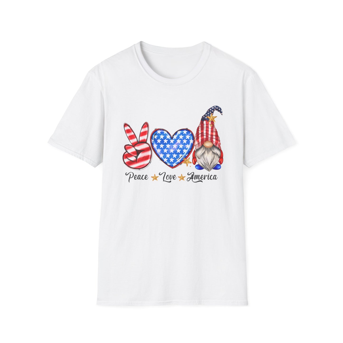 Peace - Love - America - American Flag - Peace Sign - Heart - Gnome - 4th of July - Independence Day - Unisex Softstyle T-Shirt