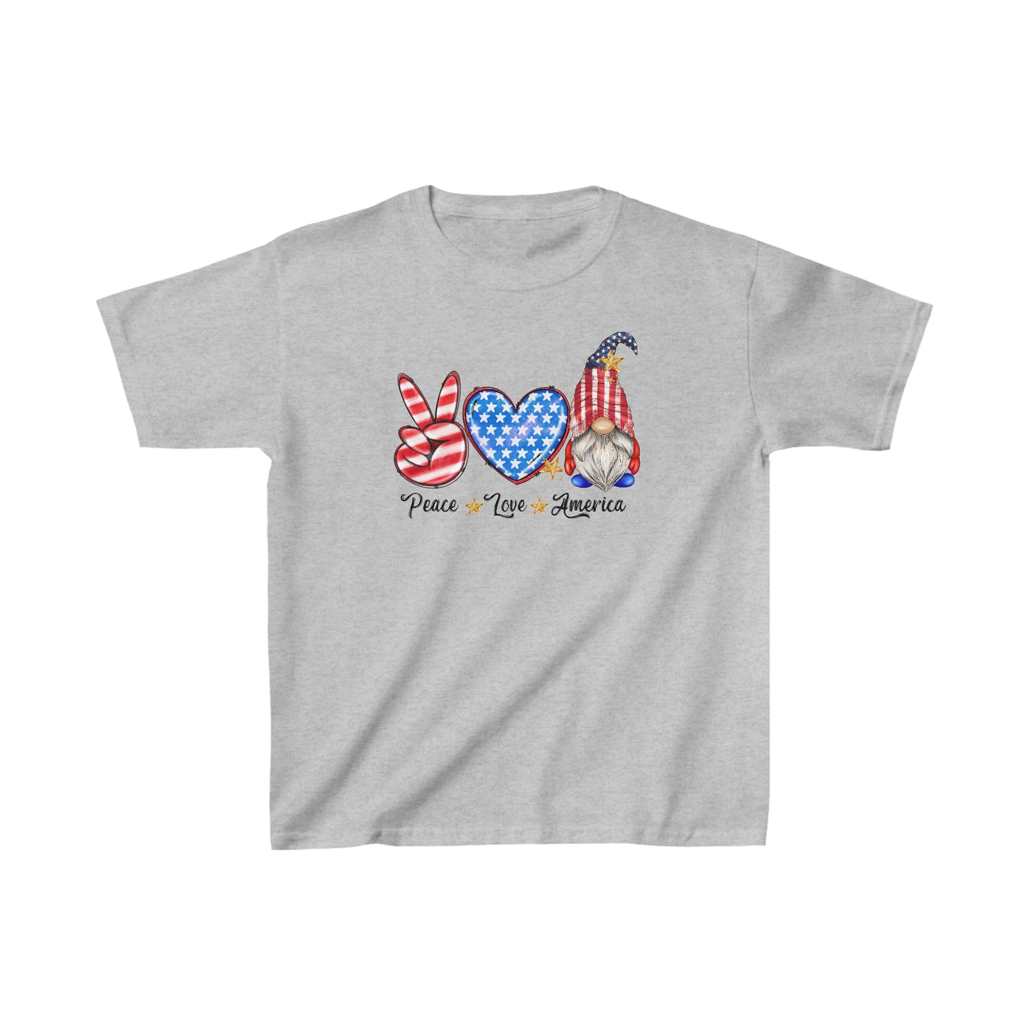 Peace, Love, America Gnomes - 4th of July - Red, White, and Blue - Independence Day - Kids Heavy Cotton Tee