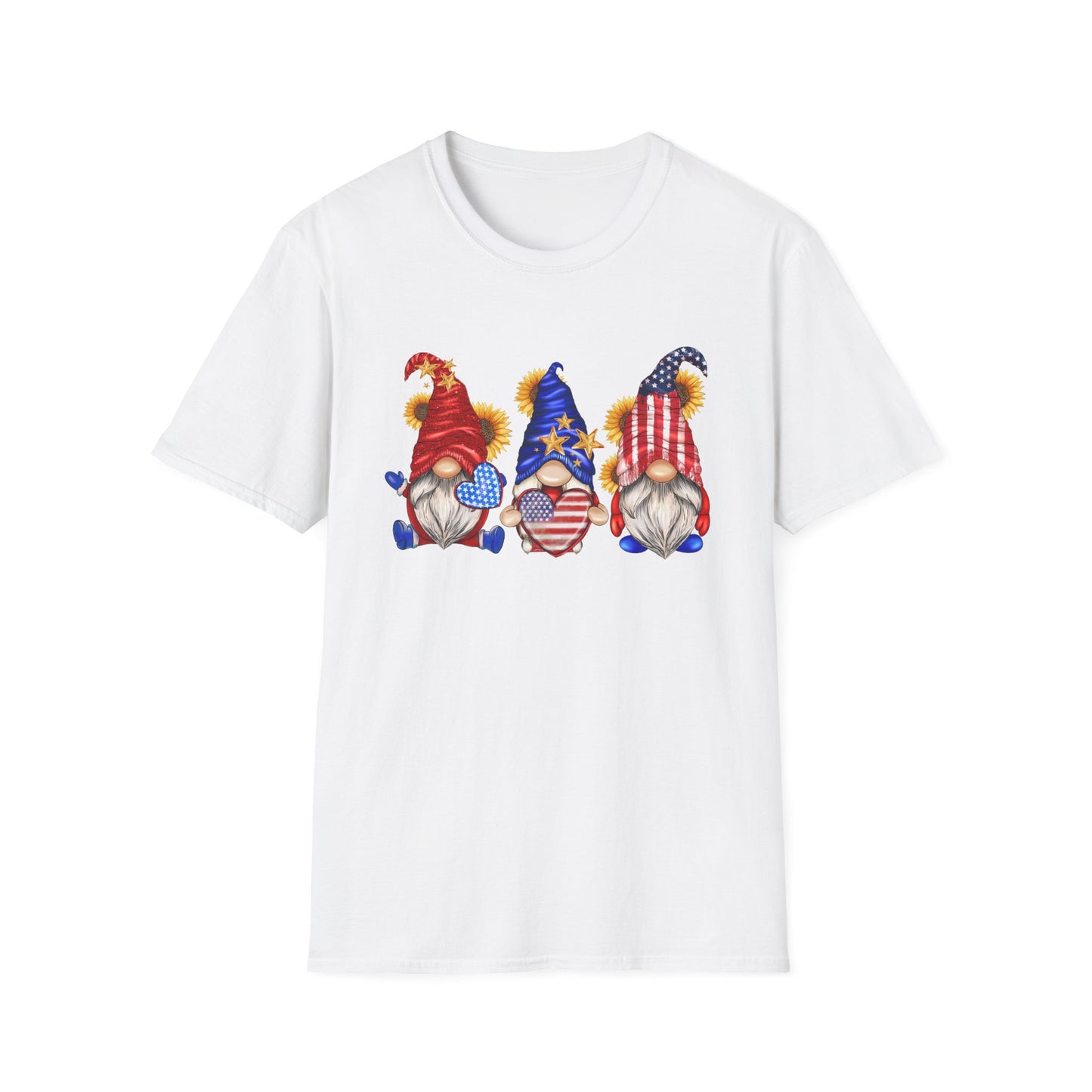 American Flag Hearts and Sunflower Gnomes - 4th of July - Independence Day - Unisex Softstyle T-Shirt