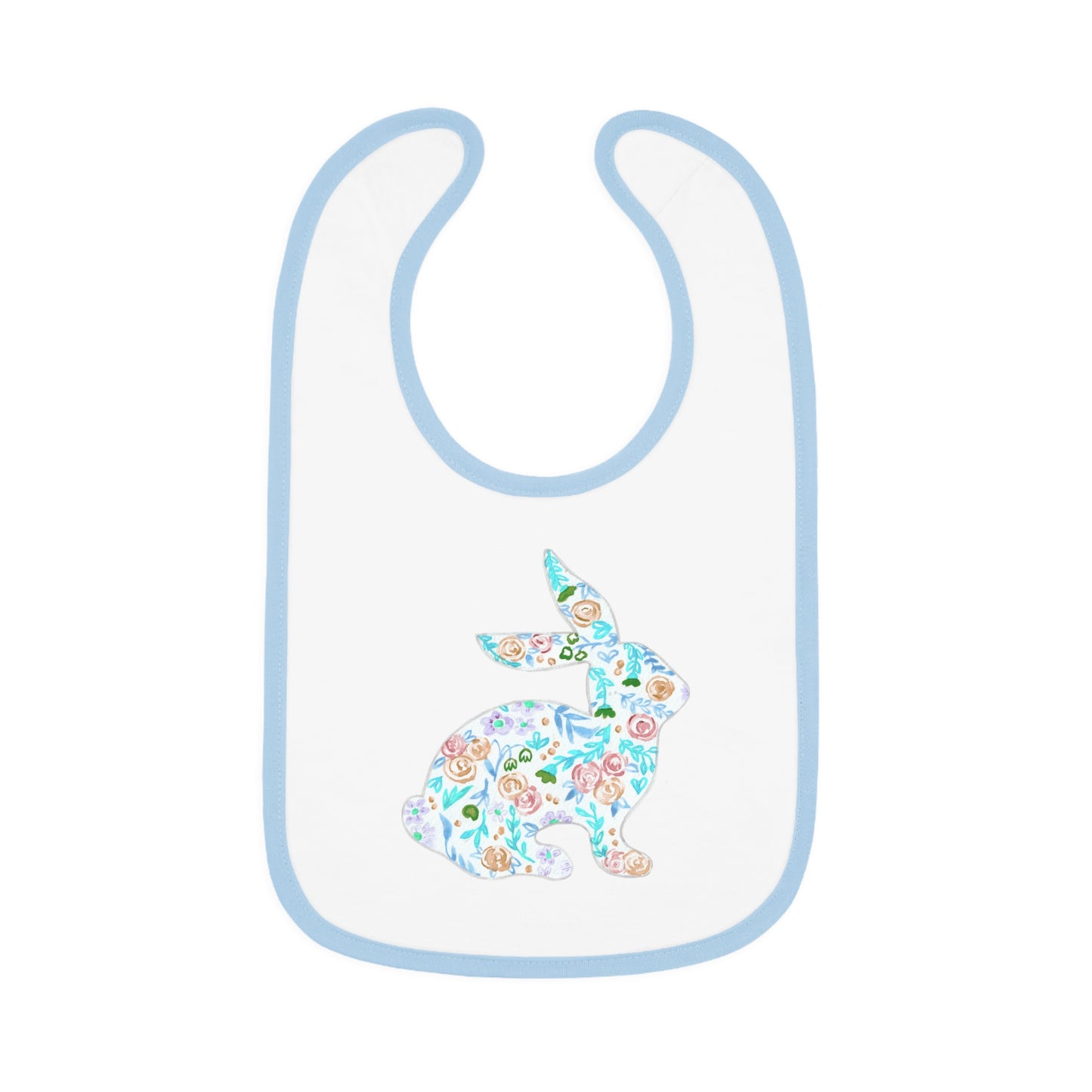 Watercolor Floral Bunny - Blue - Baby Contrast Trim Jersey Bib
