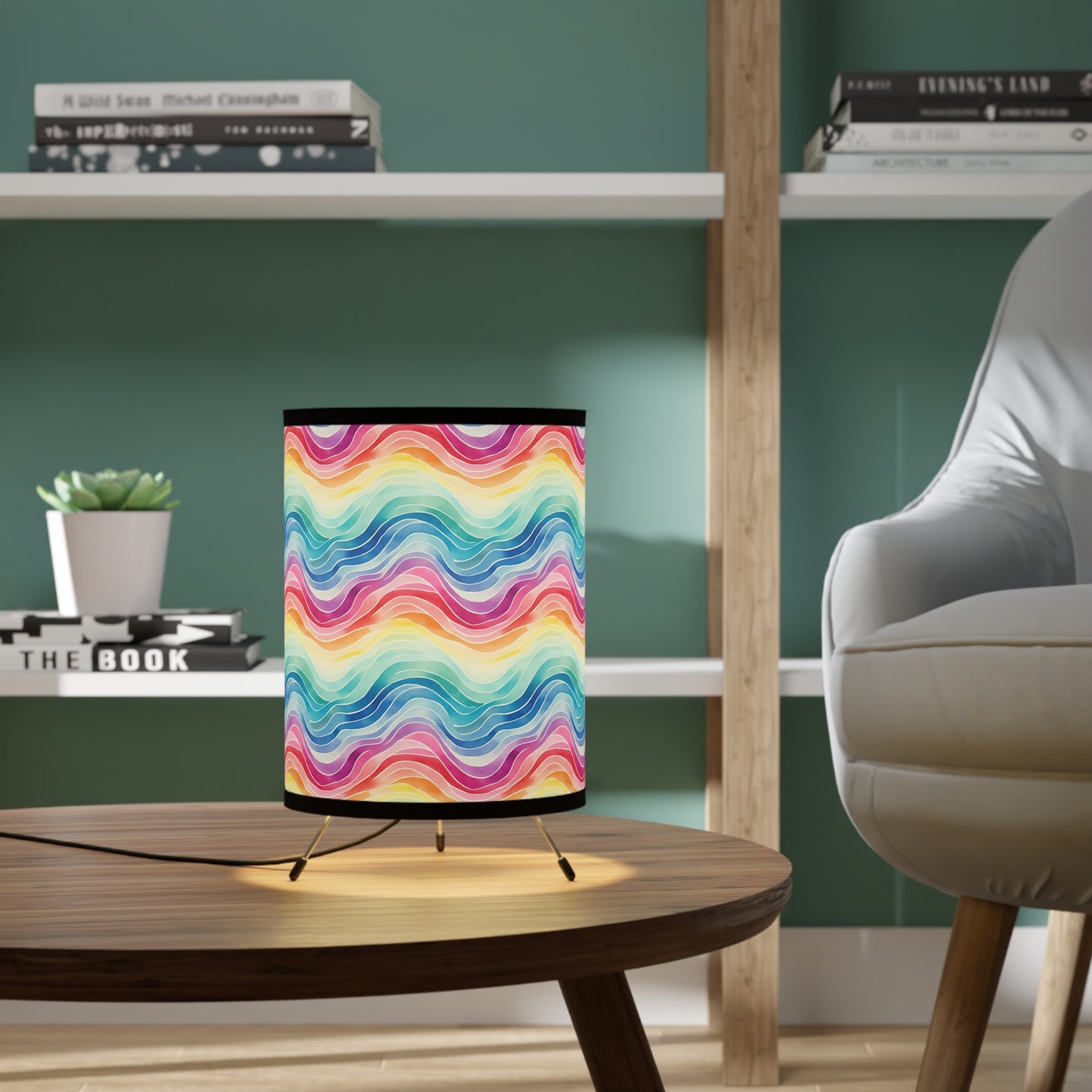 Rainbow Watercolor Waves - Tripod Lamp with High-Res Printed Shade, US\CA plug