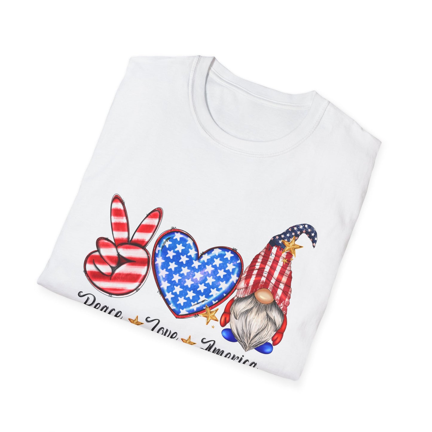 Peace - Love - America - American Flag - Peace Sign - Heart - Gnome - 4th of July - Independence Day - Unisex Softstyle T-Shirt