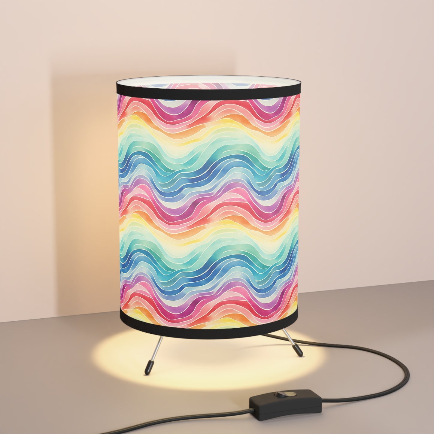 Rainbow Watercolor Waves - Tripod Lamp with High-Res Printed Shade, US\CA plug