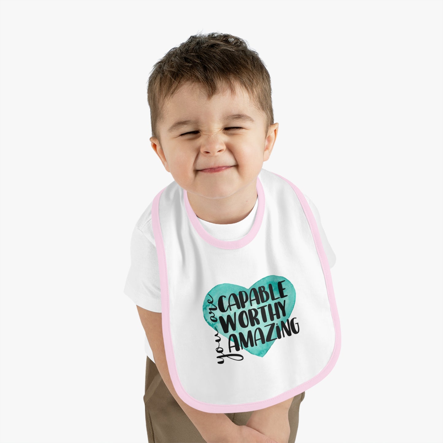 You are Capable, Worthy, Amazing - Watercolor Heart - Baby Contrast Trim Jersey Bib